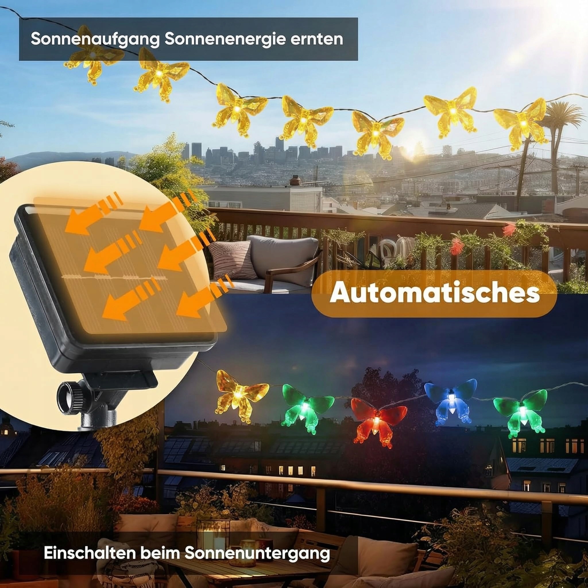 BG9D Solarna Girlanda Ogrodowa Motylki 8M 40LED 8 Trybów IP67 Ciepłe Białe — miniatura 5
