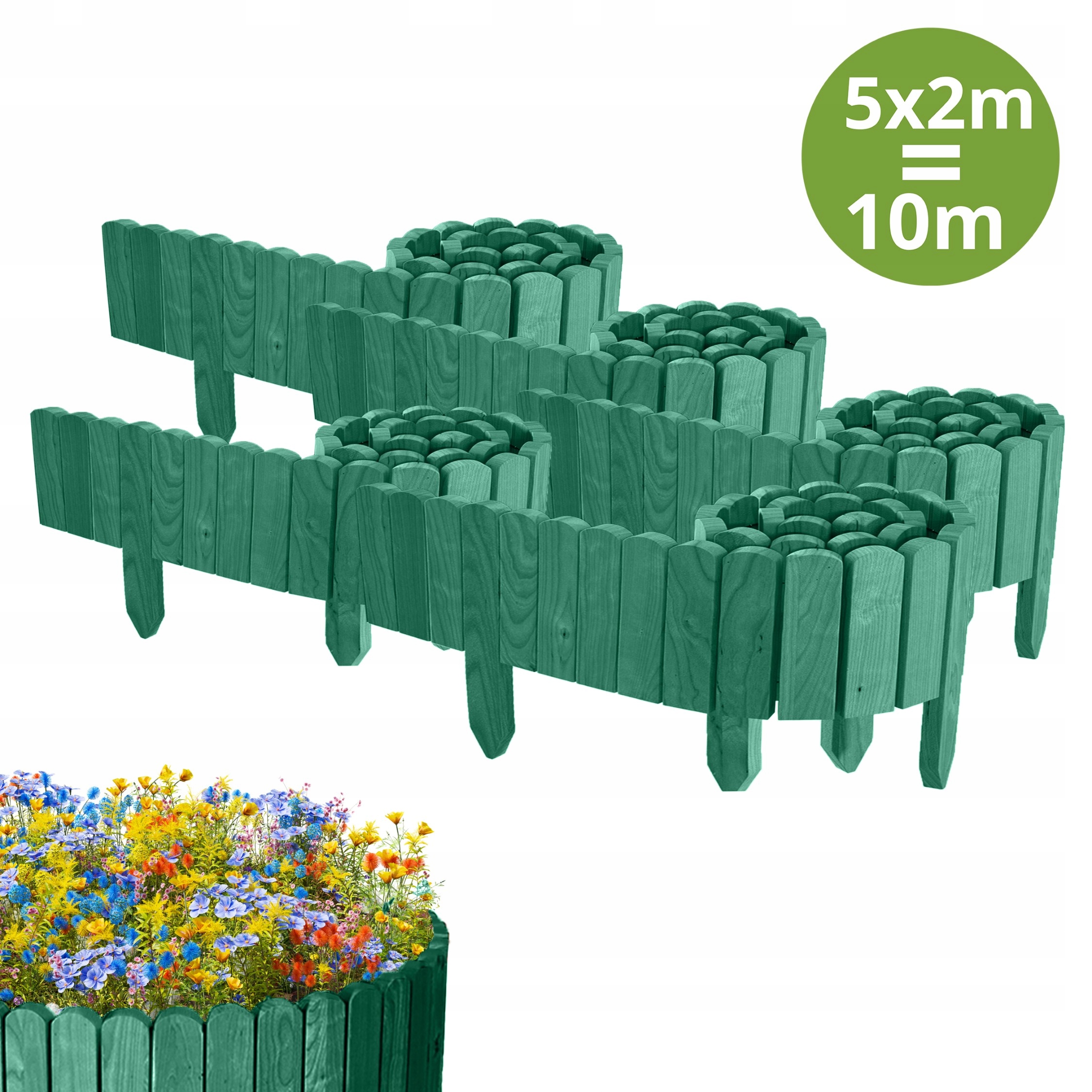 Zahradní plot dřevěný, borovicový, palisáda 10 m (5x200 cm) výška 10 cm, zelený