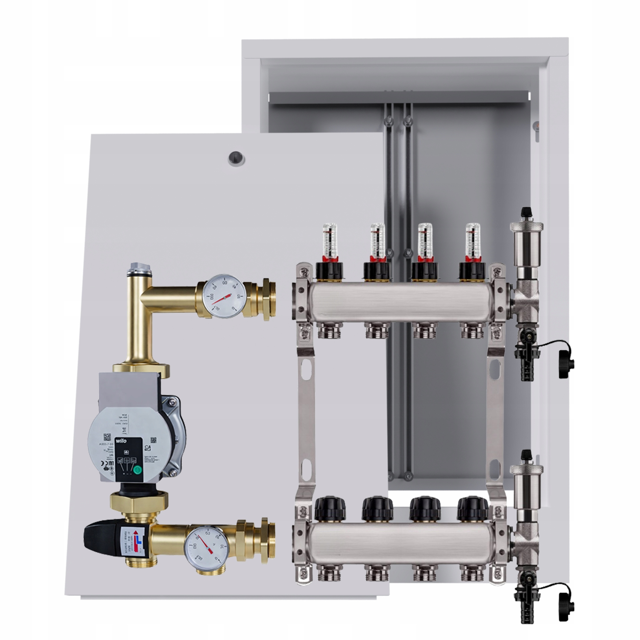 Nerezový rozdělovač pro podlahovku 4 s nástěnným boxem Čerpadlo Wilo