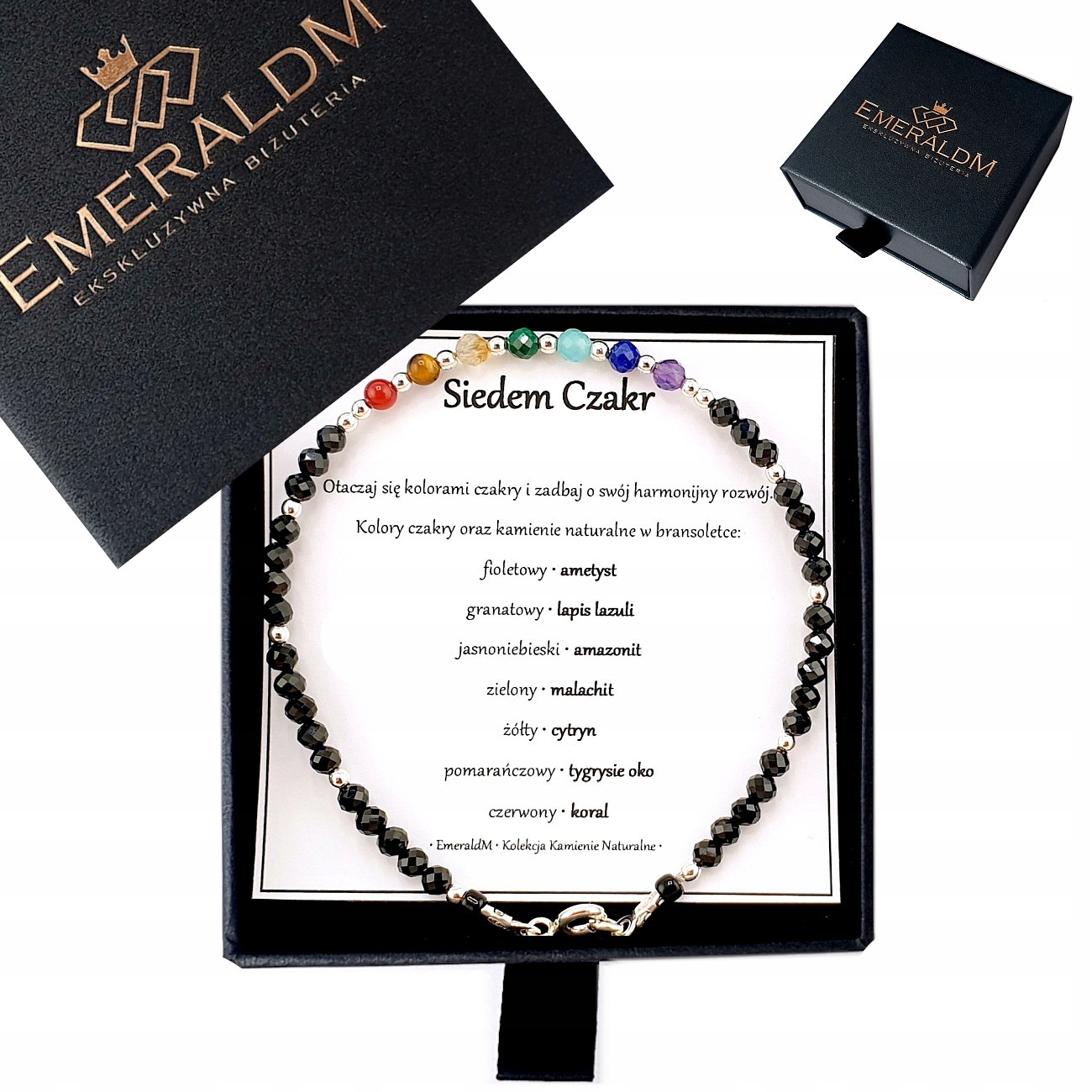 Bransoletka z kamieni naturalnych 7 siedem czakr czakry turmalin srebro 925