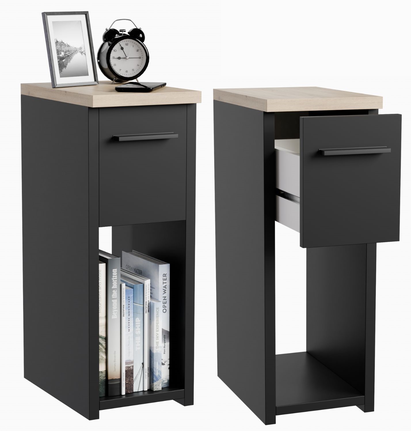 Sada 2 Kusov Nočných Stolíkov Úzke Loft Čierne 20x30 CM So Zásuvkou A Poličkou