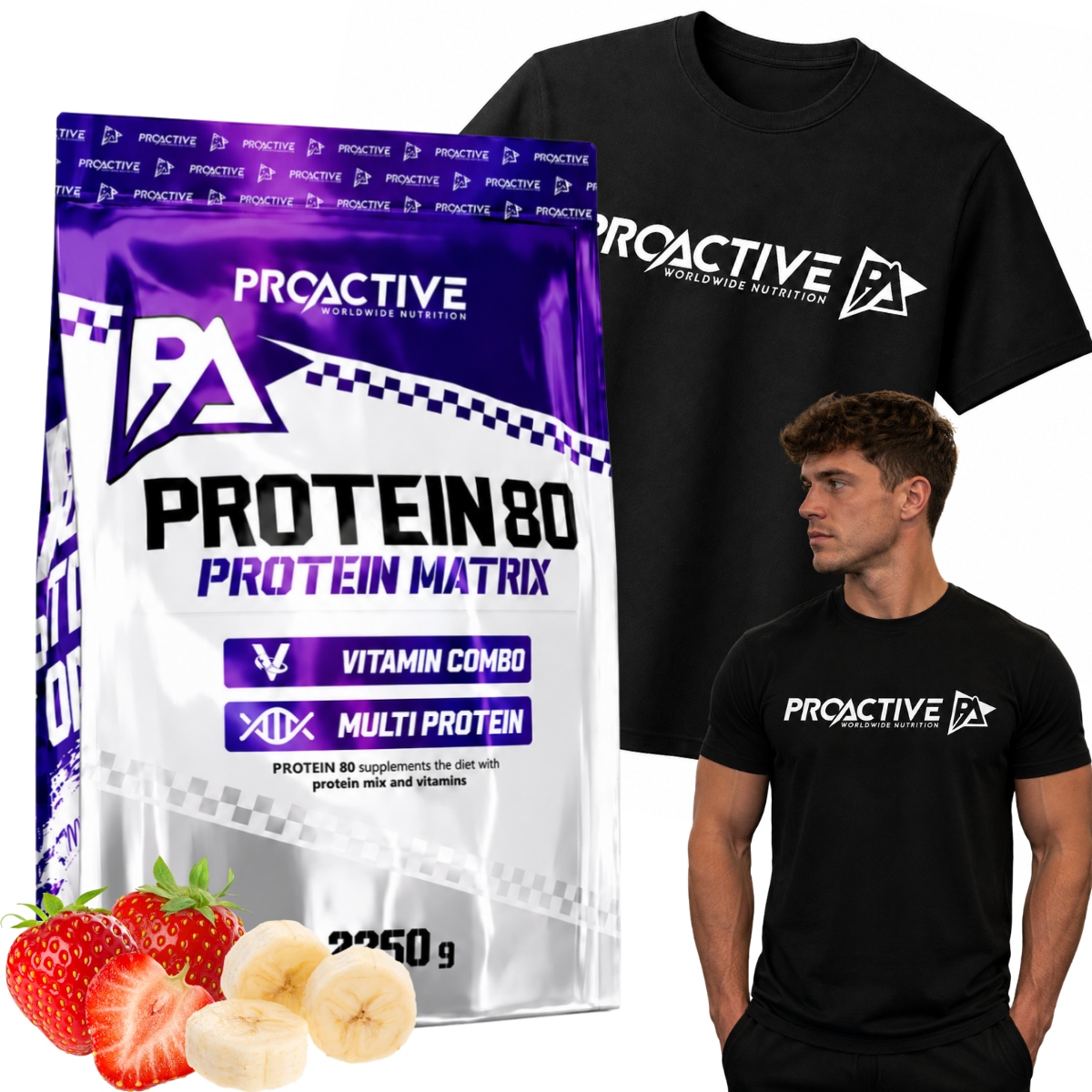 Set Bílkovina ProActive Protein 80 2250 Jahoda Banán T-shirt Černá XL