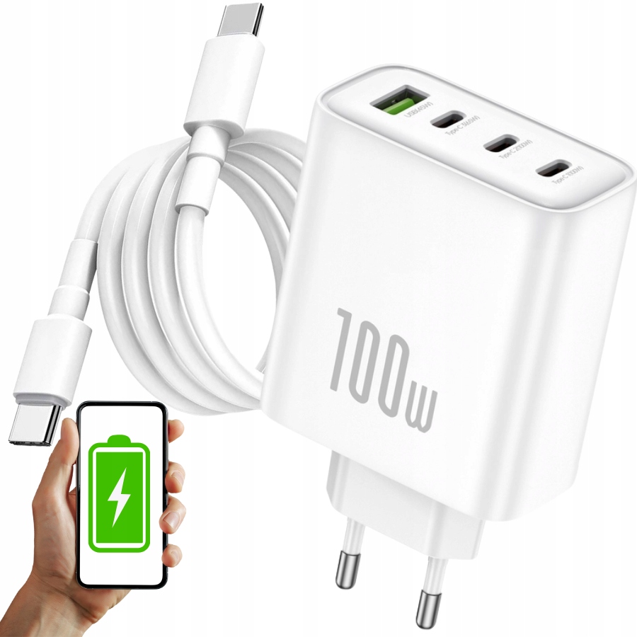Szybka ładowarka GaN 100W 3xUSB-C 1xUSB Pd QC3.0 laptop tablet kabel 1.5M