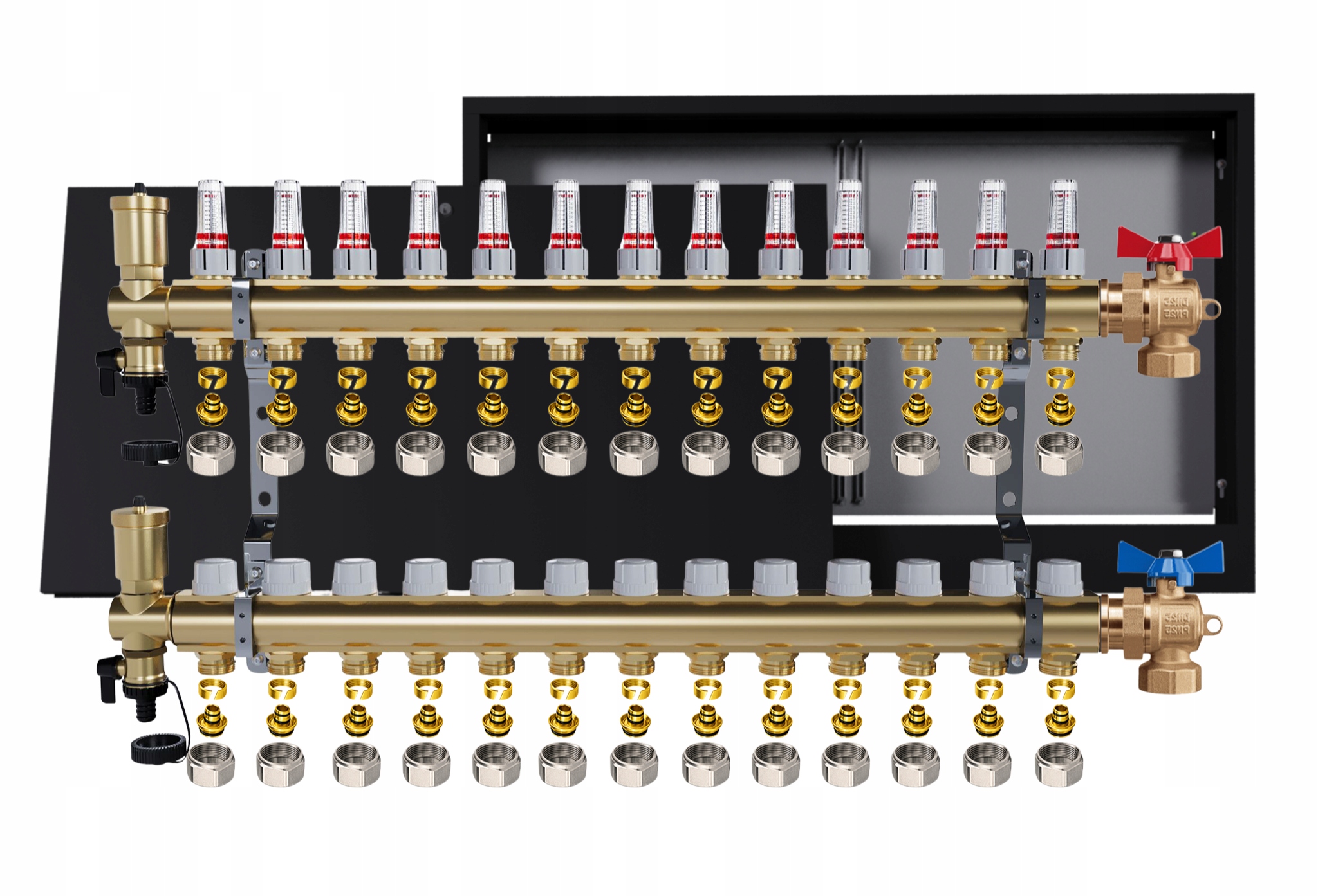 Rozdělovač mosazný podlahový 13 obvodů nástěnná skříňka černá Pex