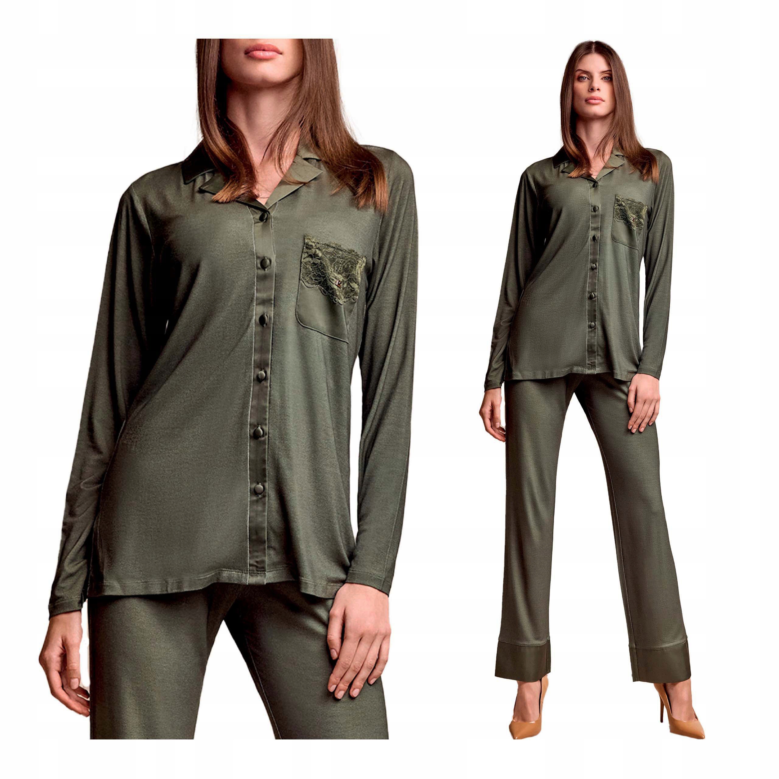 Dámské saténové zelené rozepínací pyžamo s dlouhým rukávem Lormar 2XL