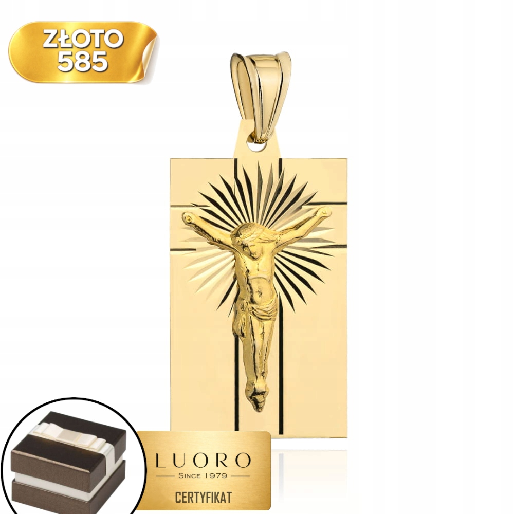 Zlatý medailon 585 14K Ukřižovaný Ježíš Paprsky Obdélníkový 2,6 CM
