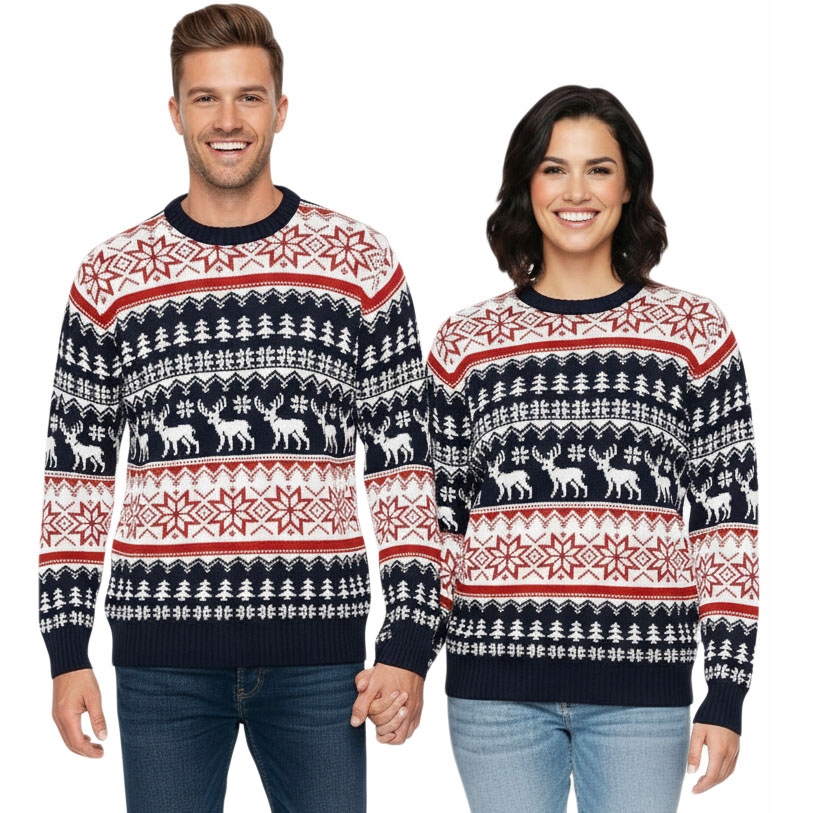 Vánoční svetr, sada pro páry, tmavě modrá s červeným vánočním vzorem, 2 ks
