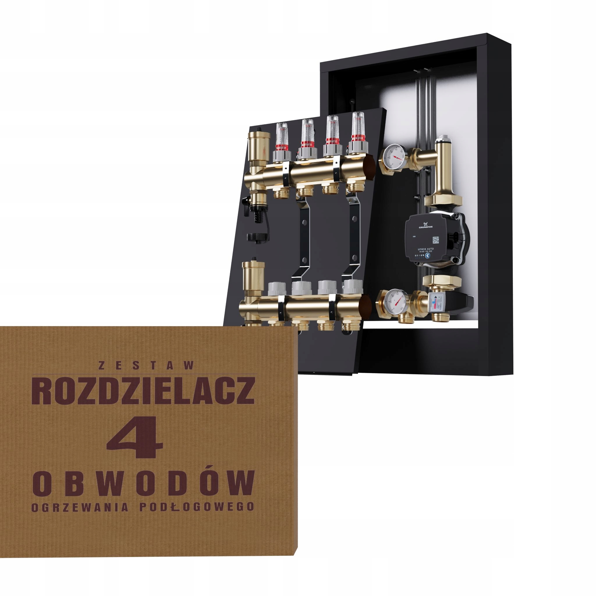 Rozdělovač pro podlahu 4 okruhy a čerpadlo Grundfos nástěnný černý