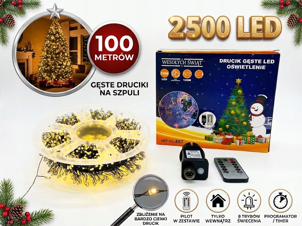 Vánoční Osvětlení Na Stromeček Drátek 2500 Led 100 m Teplá bílá dálkové ovládání