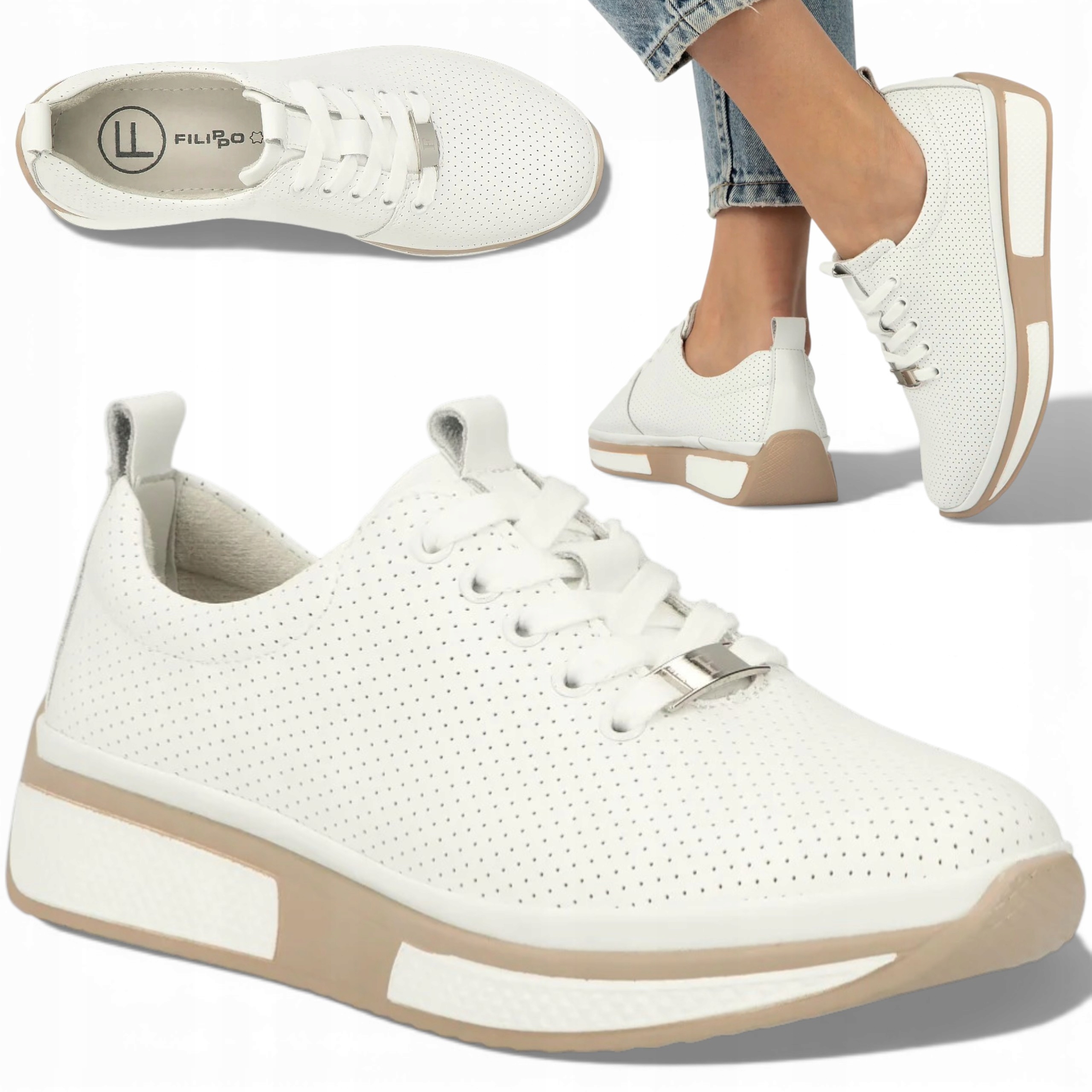 38 Filippo Buty Damskie Sportowe Skóra Naturalna Oddychające Letnie Lekkie