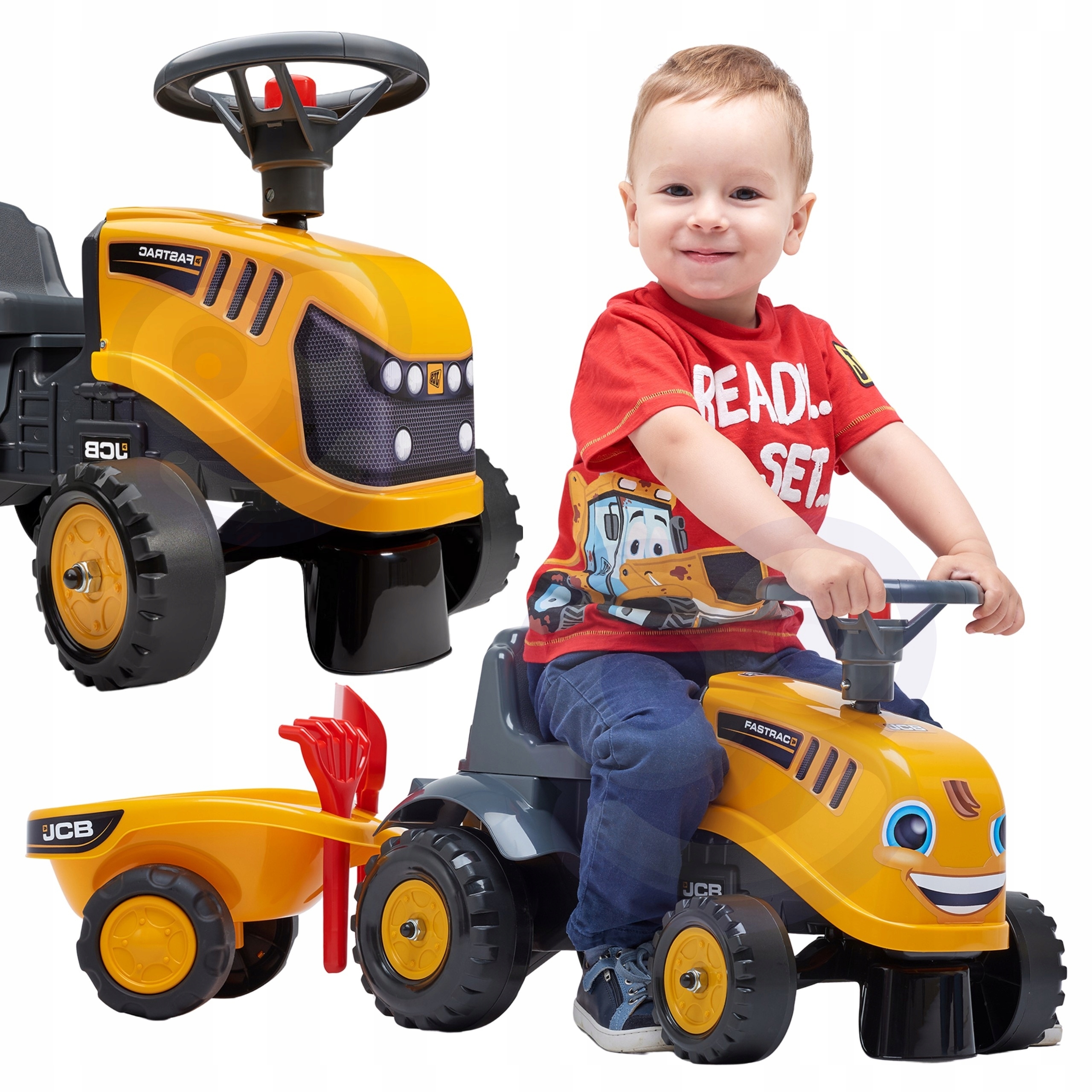 Traktorek Jeździk Jcb Pomarańczowy Z Przyczepką Klakson Łopatka Grabki Falk