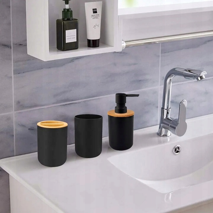 ZESTAW ŁAZIENKOWY 6 ELEMENTÓW AKCESORIA DO WC KOSZ DOZOWNIK CZARNY KOMPLET Marka Retoo