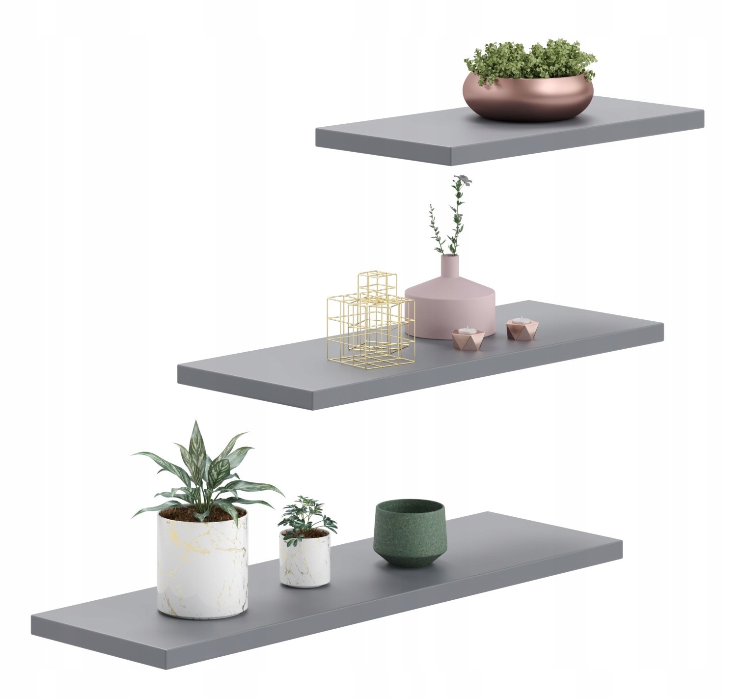 Półka ścienna samowisząca komplet 3 szt szara Zestaw półek LEWIT