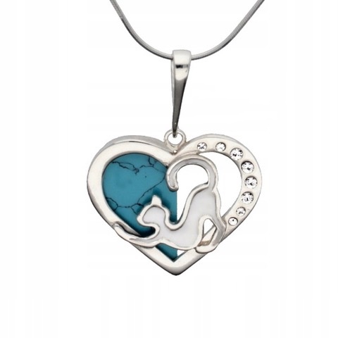 Kočka Stříbrný Přívěsek Srdce Stříbro Tyrkysová