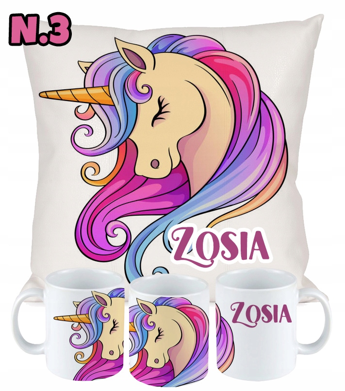 ZESTAW PODUSZKA KUBEK JEDNOROŻEC UNICORN Imię Długość 40 cm