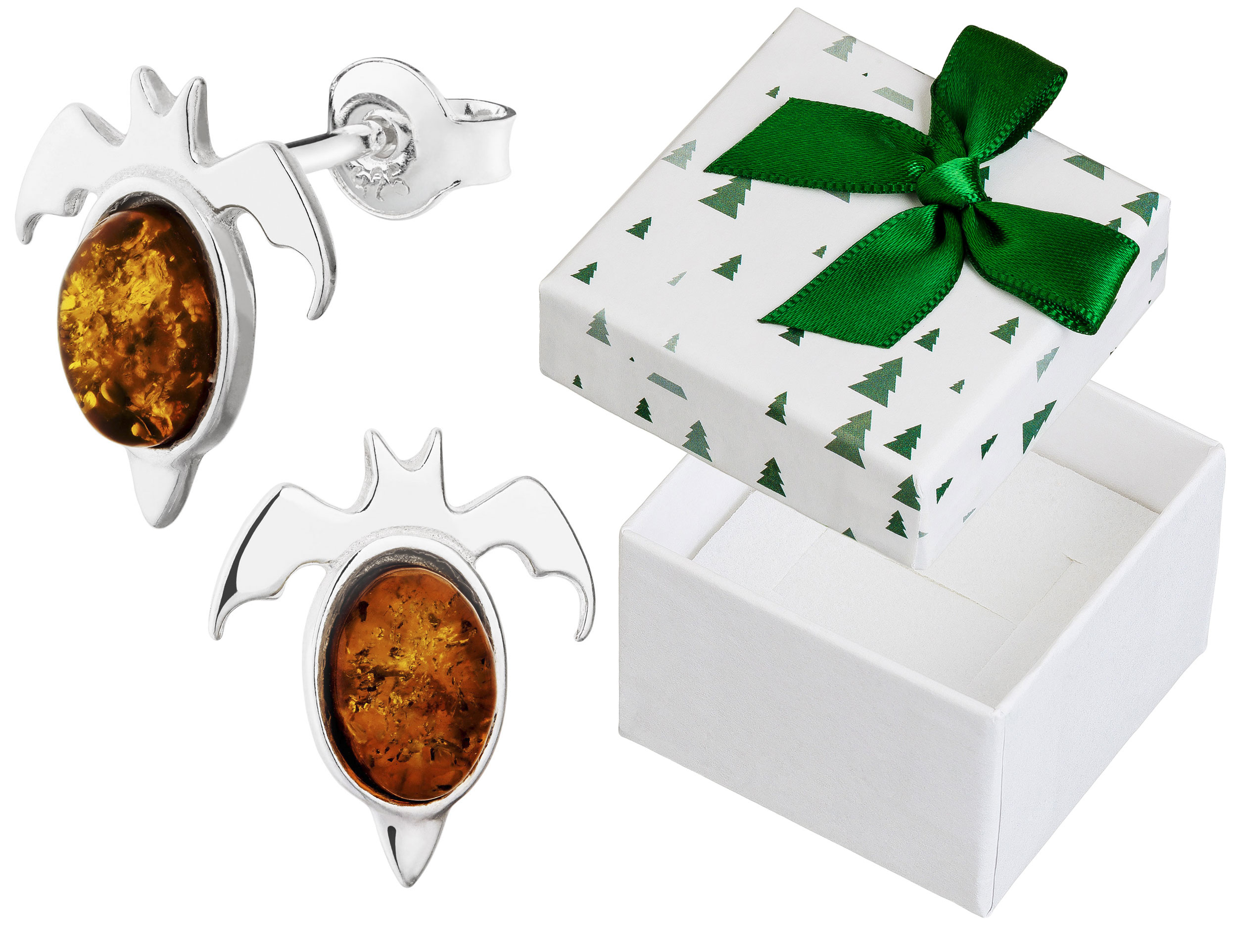 Stříbrné Náušnice Netopýři s jantarem Dámské šroubky Netopýr Stříbro