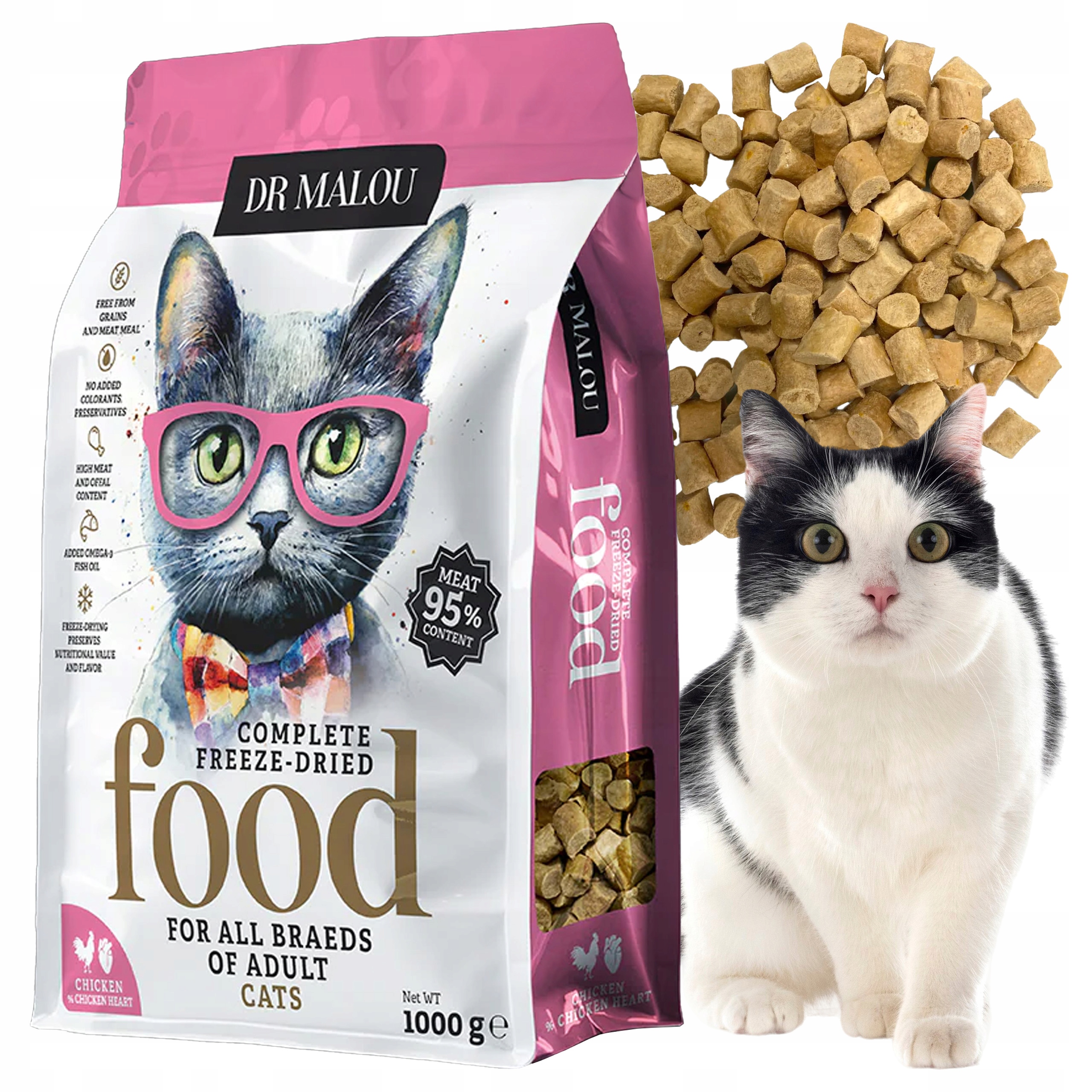Lyofilizované krmivo pro kočky Dr. Malou kuře a kuřecí srdce 1 kg adult