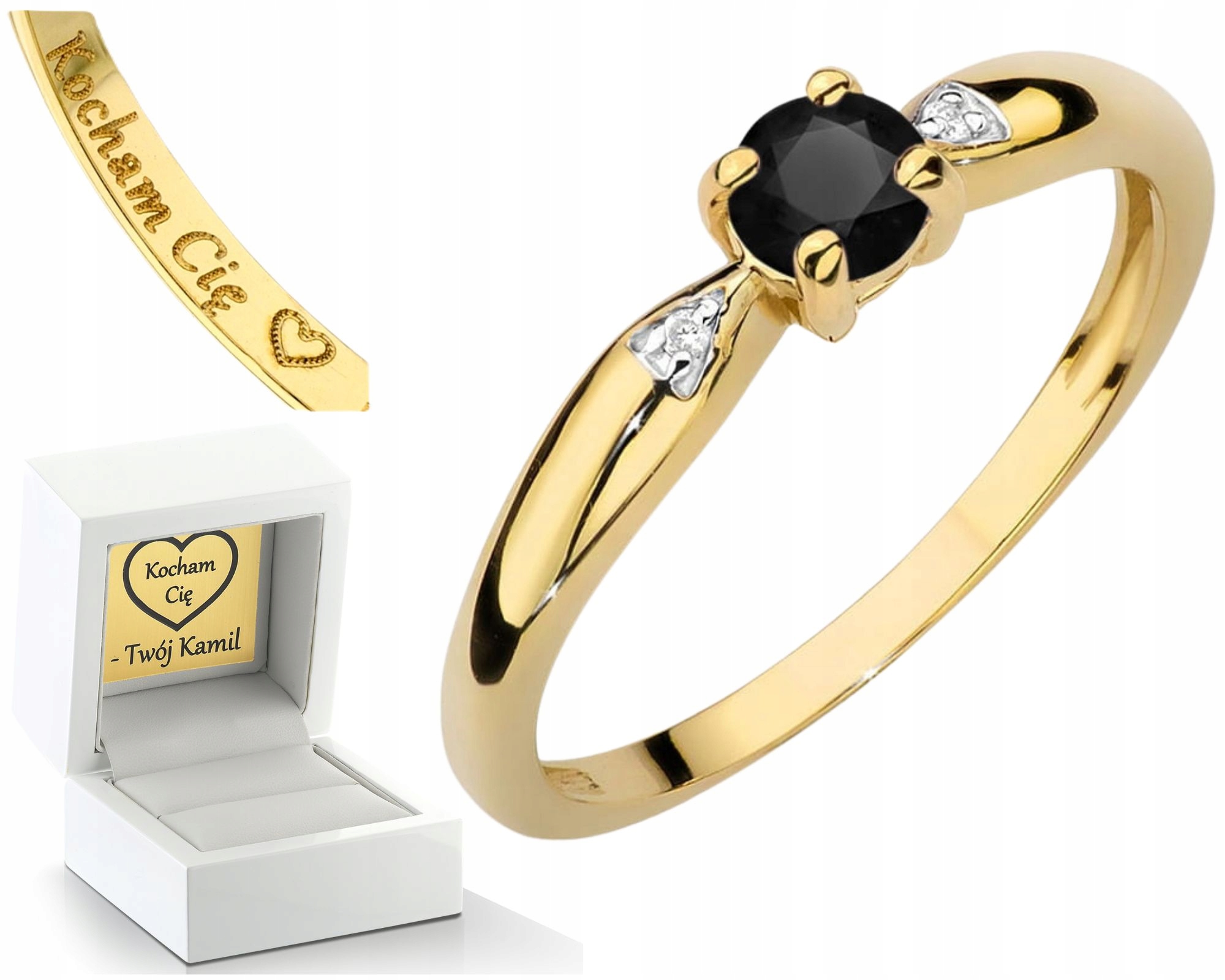 Zlatý Prsten S Černým Prstýnek 585, Žluté Zlato Gravírování Dárek Bonus