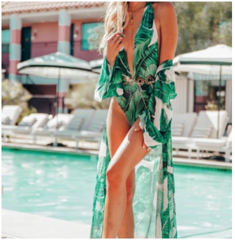 PAREO ZIELONE LIŚCIE PRINT NARZUTKA NA STRÓJ MAXI Model P-36