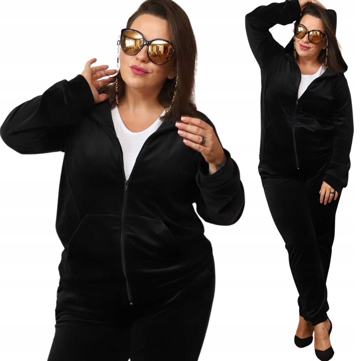 Velurová teplákovka dámská mikina na zip s kapucí 8216 Plus Size černá 4XL
