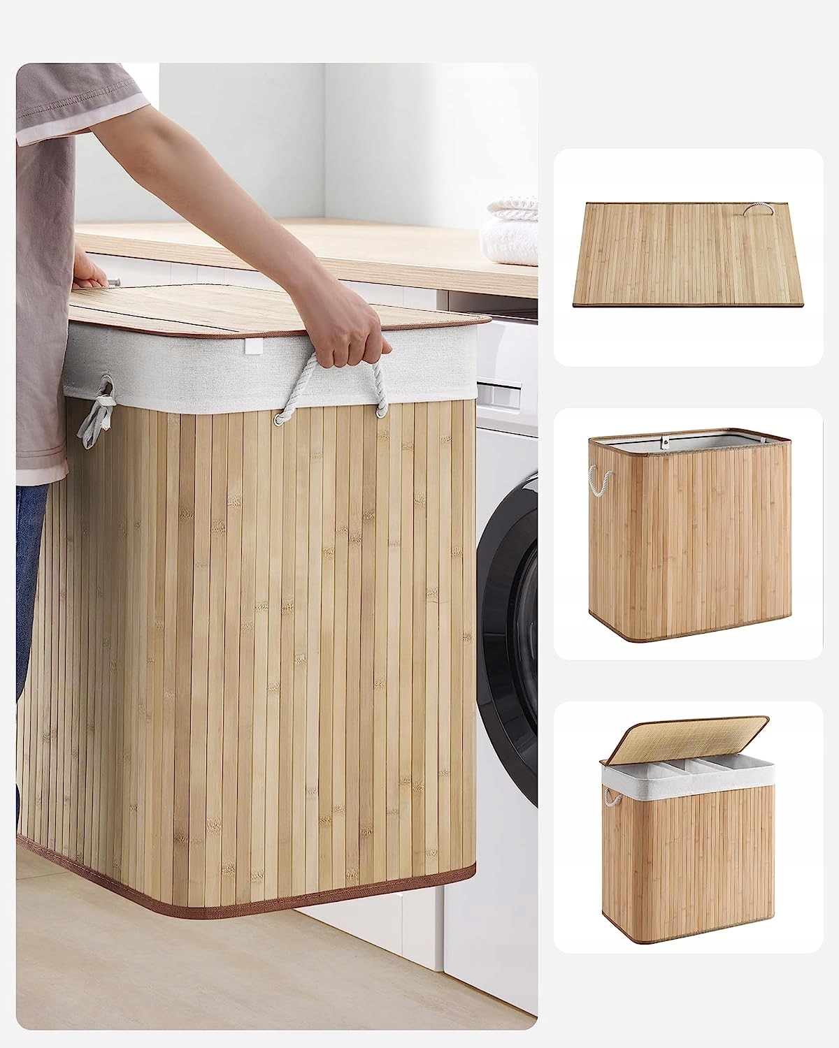 KOSZ NA PRANIE 3 PRZEGRODY 150 L BAMBUSOWY BRĄZOWY Pojemność 150 l