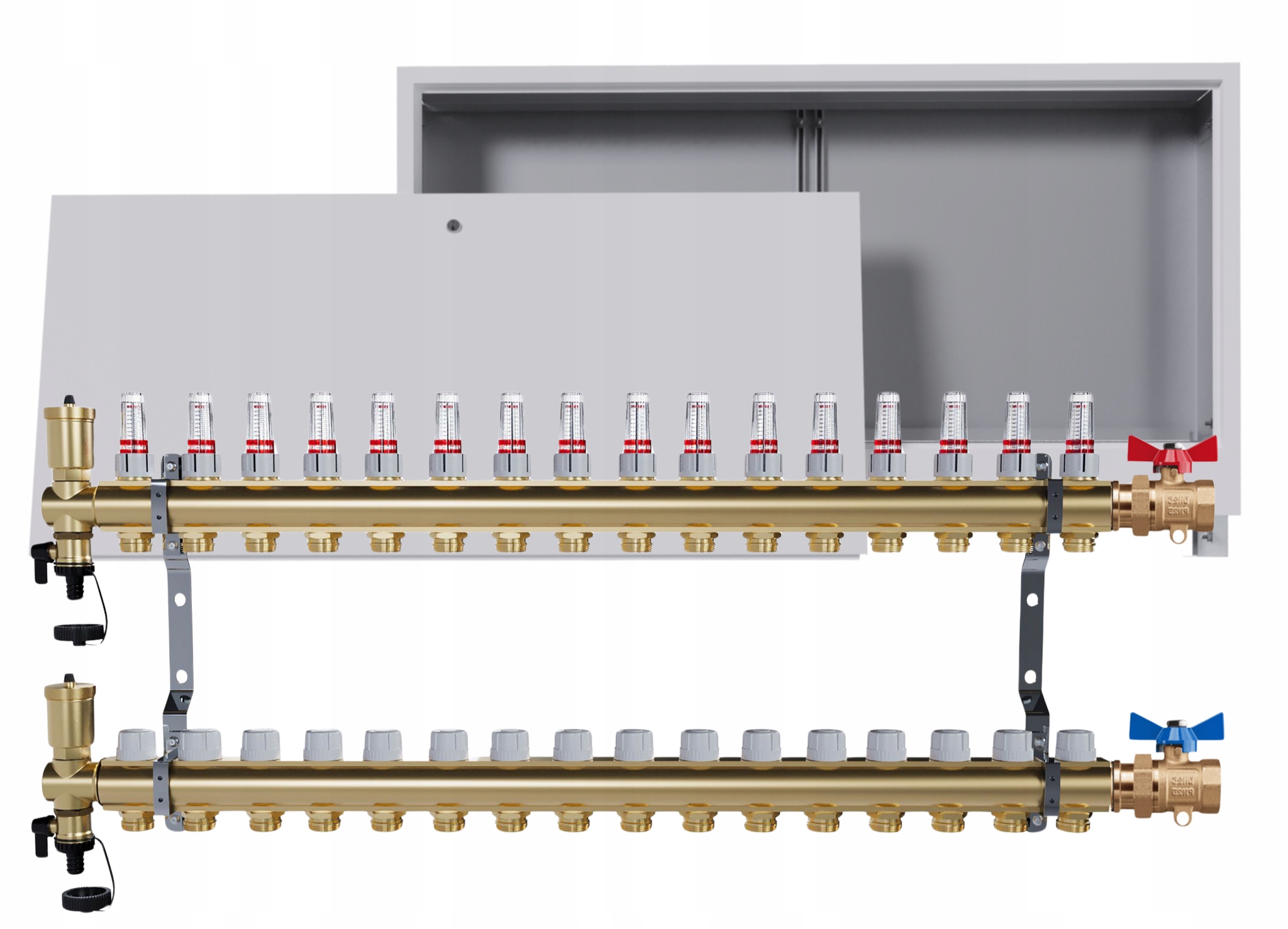 Rozdělovač podlahy mosazný 16 okruhů Podomítková skříňka Jednoduchý ventil