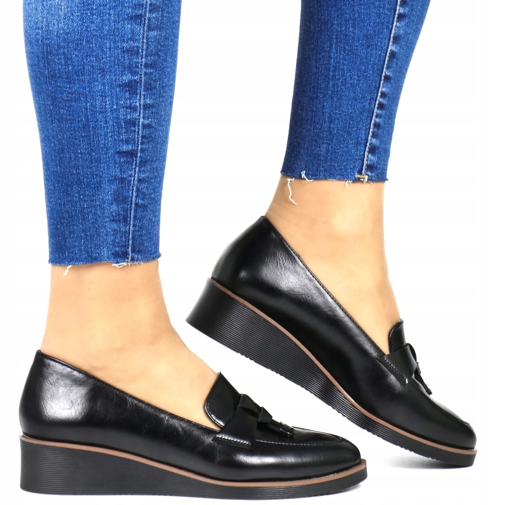 Dámské Polobotky Mokasíny Na Koturně Černé Matné Lico