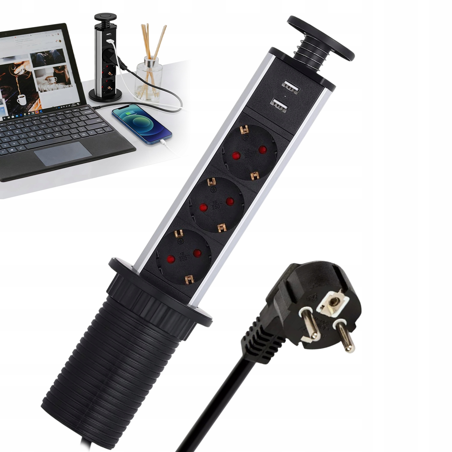 Zásuvka zapuštěná do pracovní desky 3 zásuvky 2 Usb prodlužovací kabel 180 cm