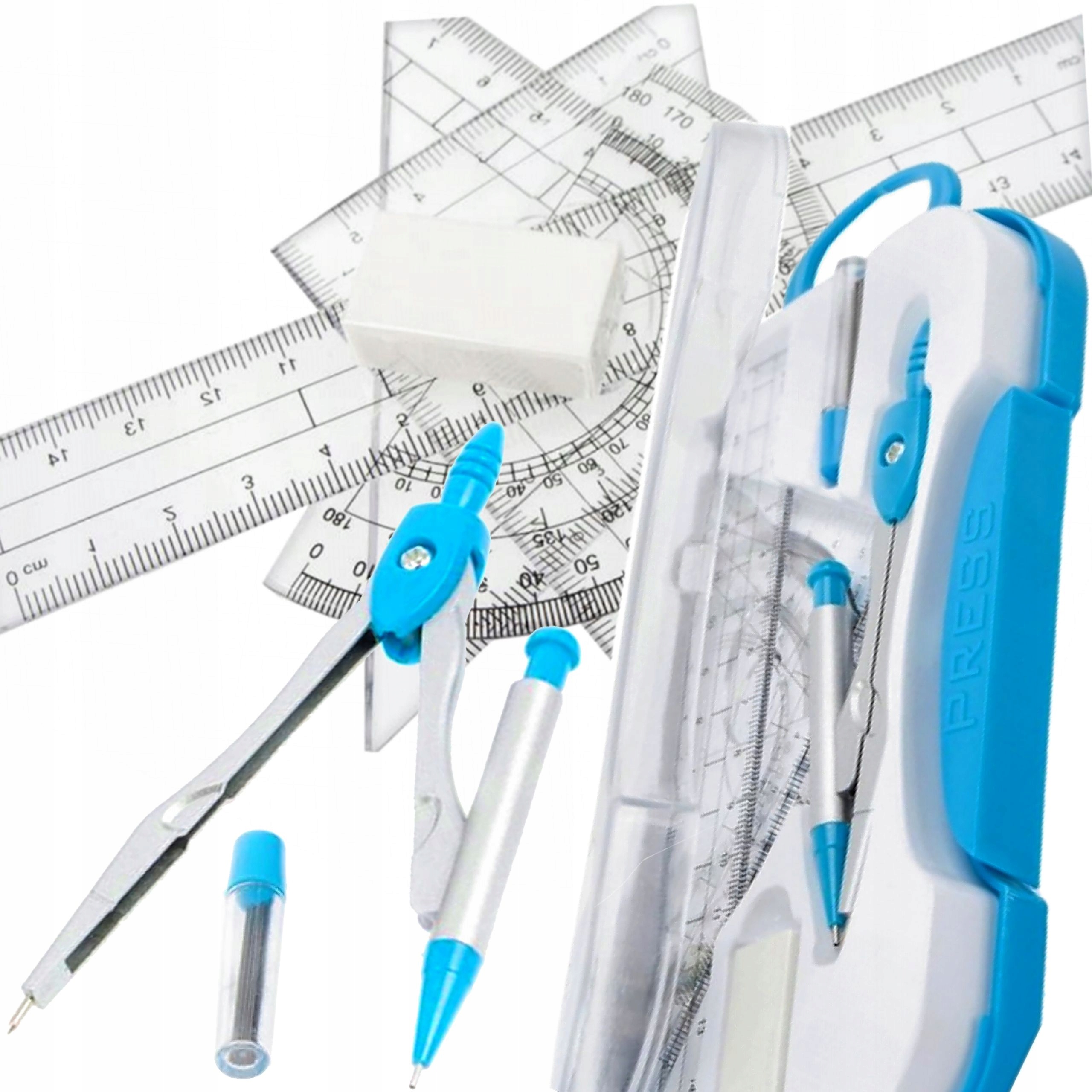 GEOMETRYCZNY ZESTAW SZKOLNY 7 ELEMENTÓW CYRKIEL LINIJKA KĄTOMIERZ 2 EKIERKI Marka Prima Art