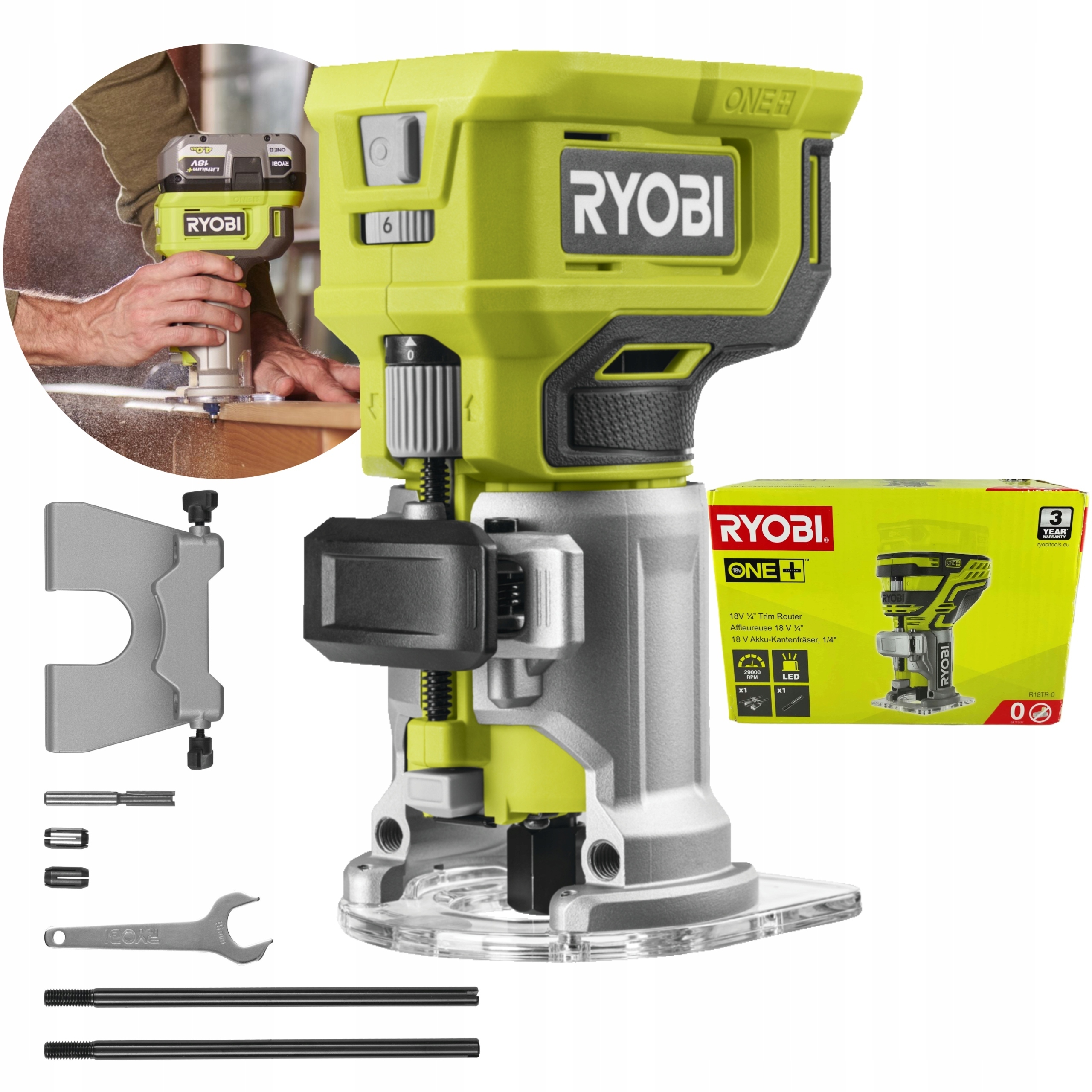RYOBI AKUMULATOROWA FREZARKA GÓRNOWRZECIONOWA 6mm 18V ONE+ RTR18-0 LED