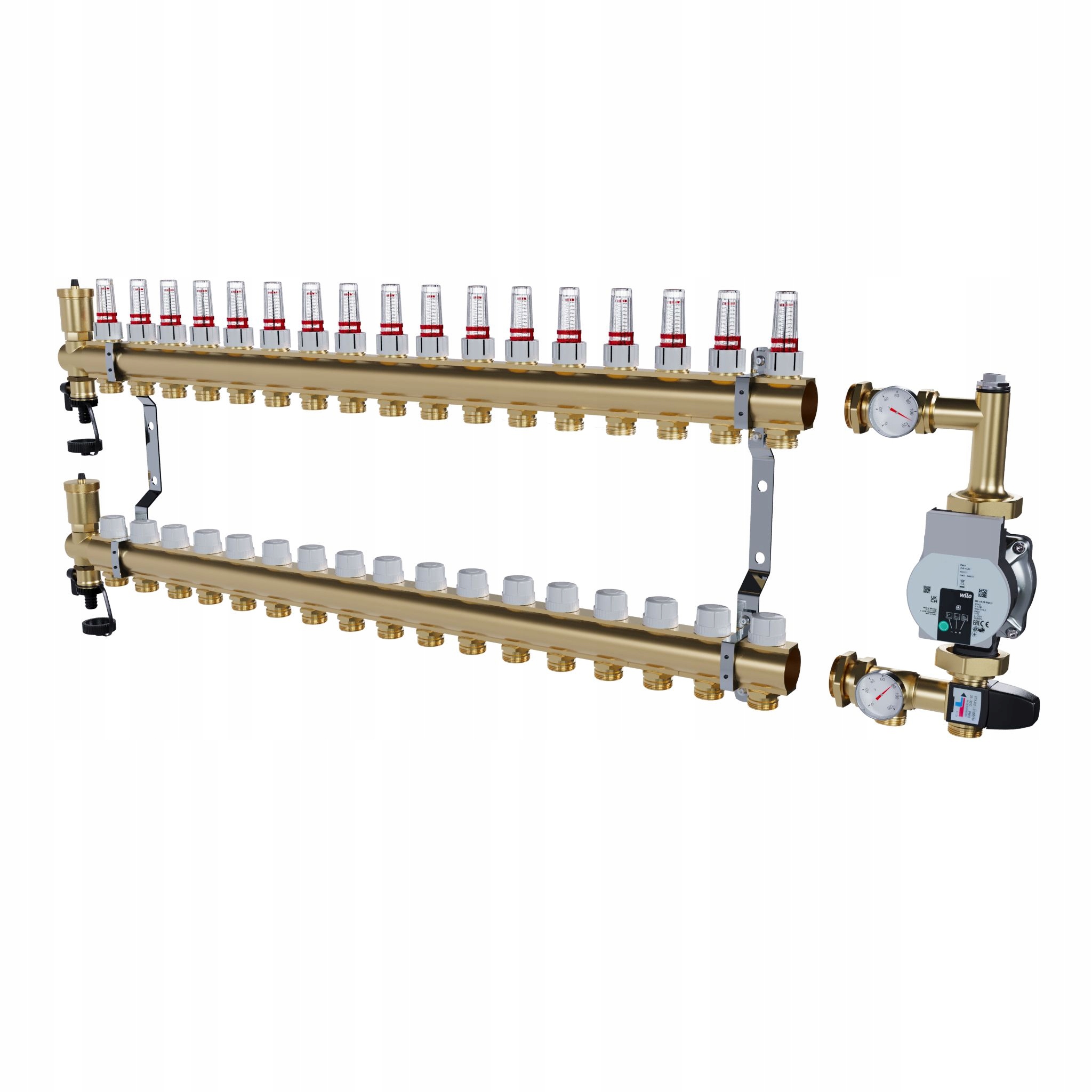 Rozdělovač pro podlahové topení 17 mosazných sekcí Čerpadlo Wilo