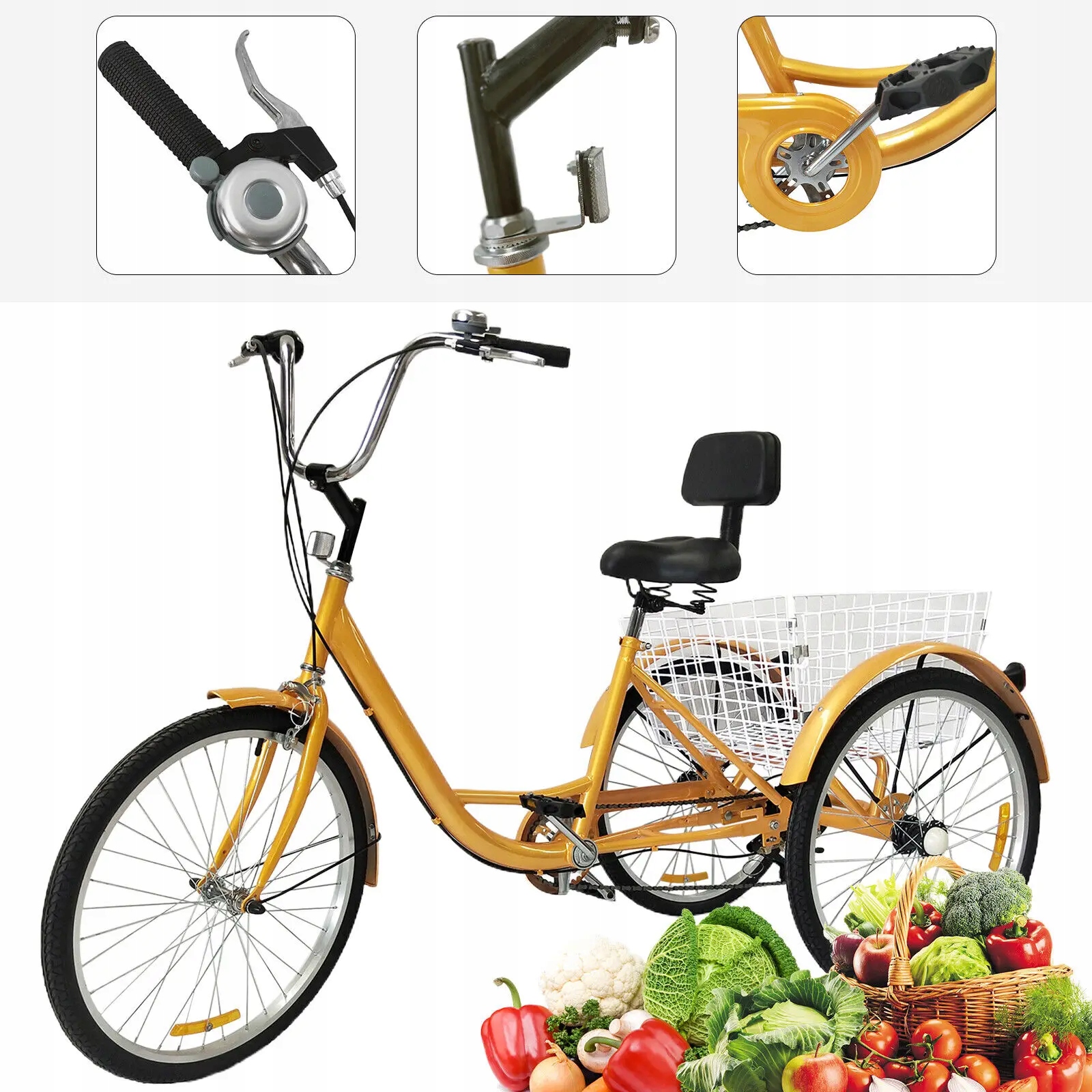 ROWER TRÓJKOŁOWY 24 CALE 6 BIEGÓW KOSZYK 3 KOŁOWY MIEJSKI Wyposażenie dodatkowe błotniki dzwonek koszyk osłona łańcucha