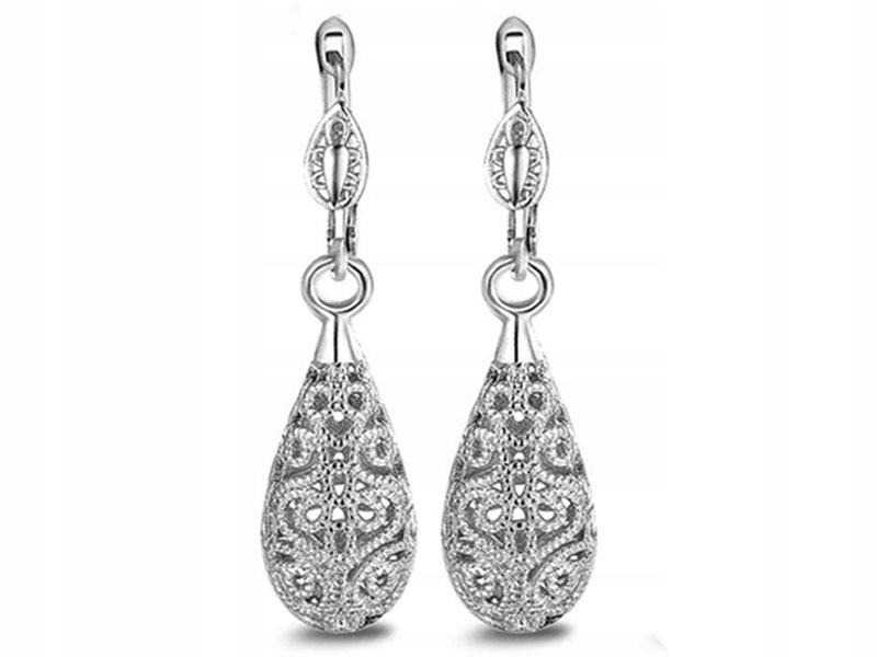 

Wiszące kolczyki ażurowe łezki białe złoto plater