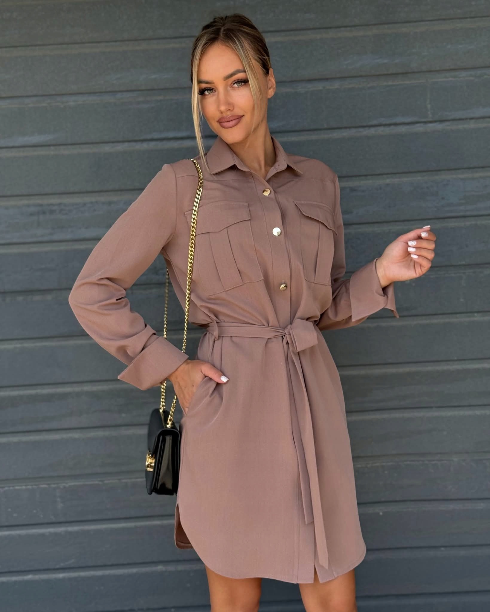 Šaty Košilová Šmizjerka Marina Elegantní s páskem Mokka XL