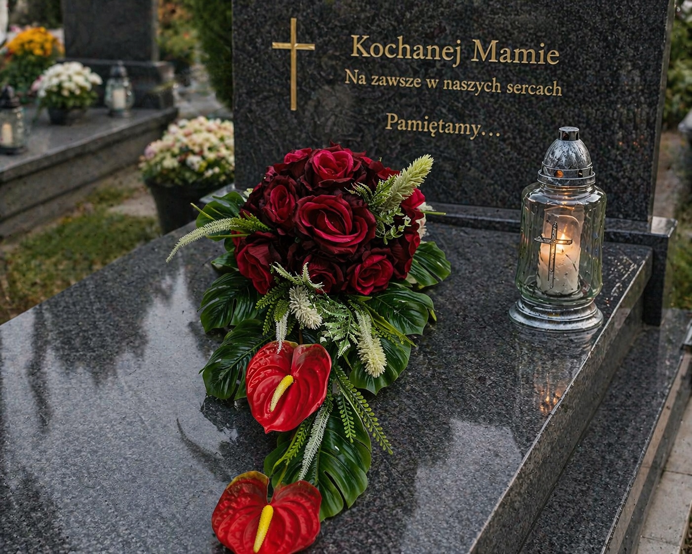 Kompozice náhrobní červené růže anturium – vzpomínáme na Svátek Matek
