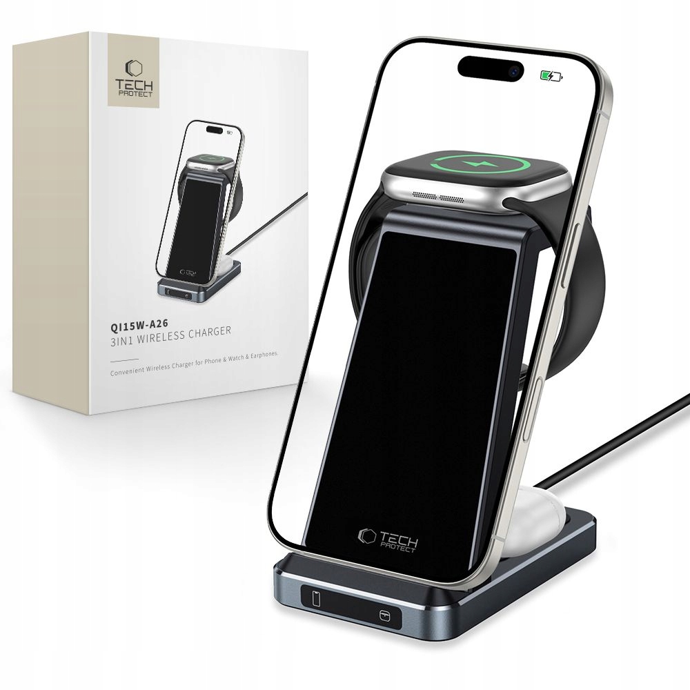 Indukční nabíječka 3v1 pro chytré sluchátka Apple Watch 15W černá
