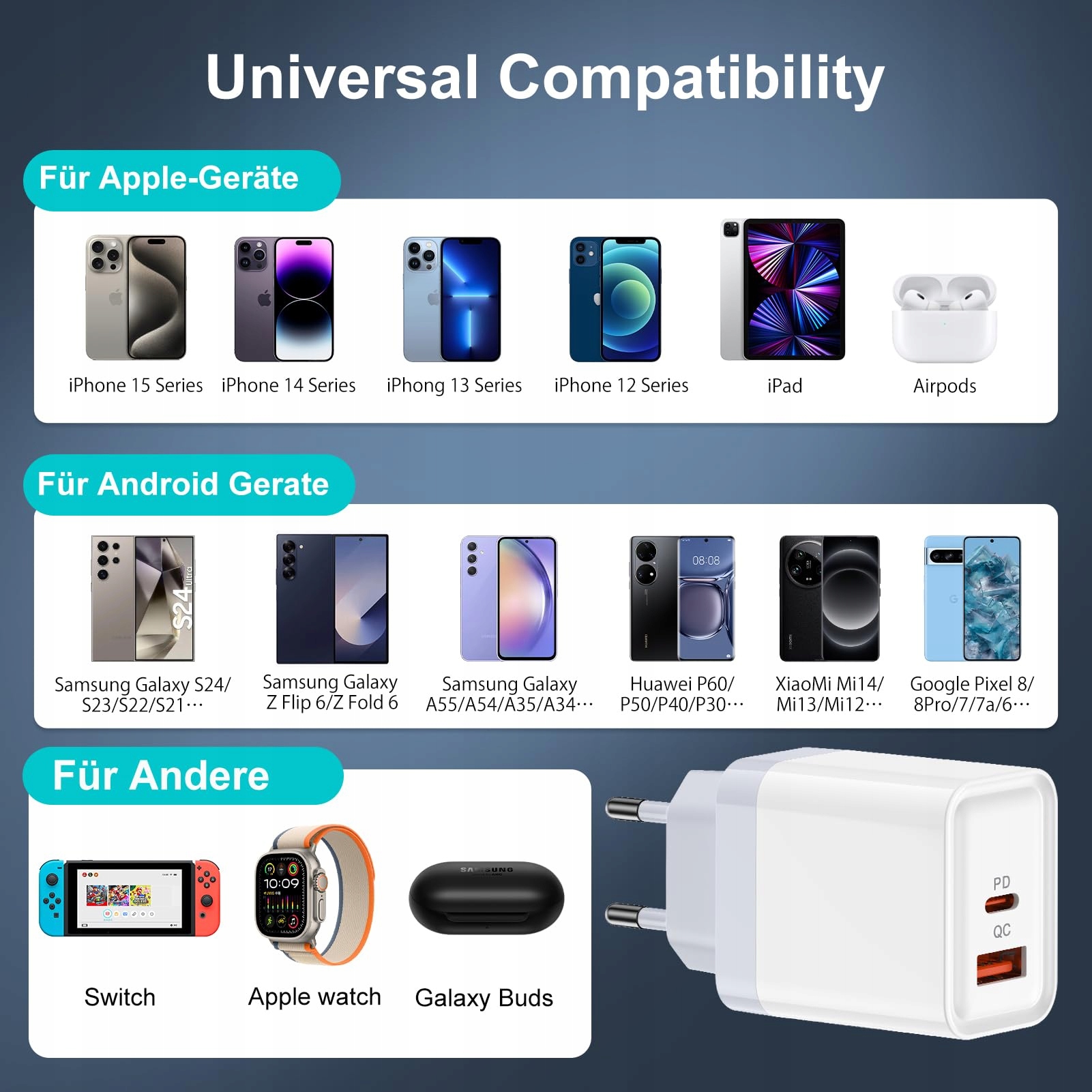 FoBrown Ładowarka USB C 20W 2 Porty QC30 Szybkie Ładowanie Samsung iPhone — miniatura 7