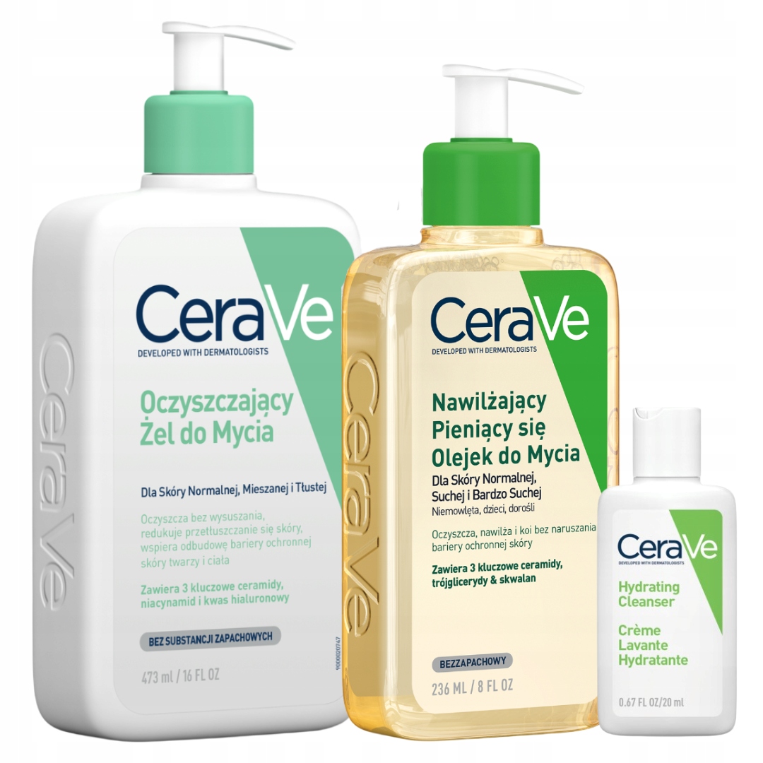 CeraVe Oczyszczający Żel 473ml Nawilżający Pieniący Się Olejek 236ml Zestaw