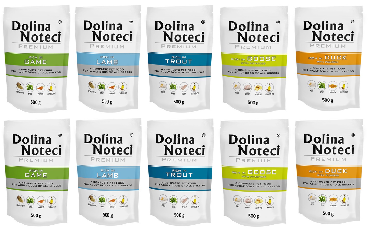 Levně Vlhké Krmivo pro psa Dolina Noteci Premium MIX Chutí 30x500g Bez Obilovin