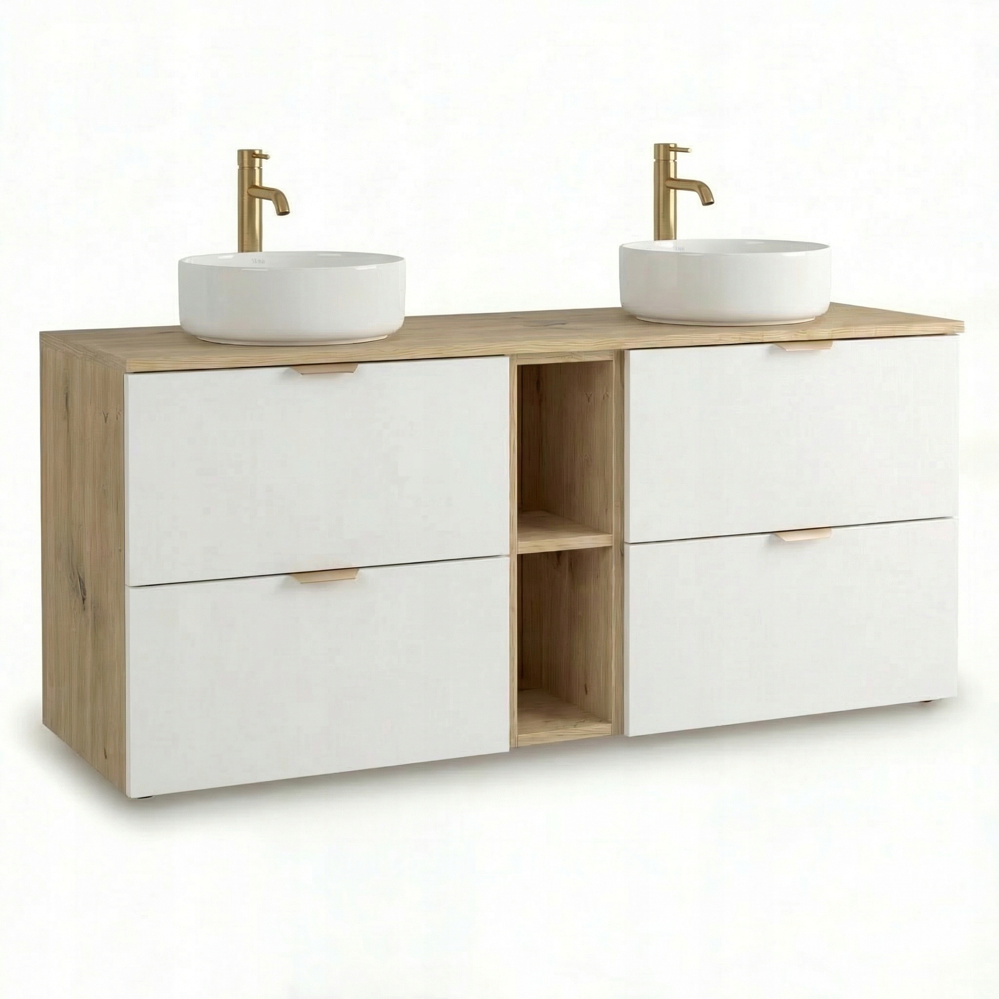 Skříňka 140 cm s regálem, 2 umyvadla na desku Bílá/Dub artisan Orio