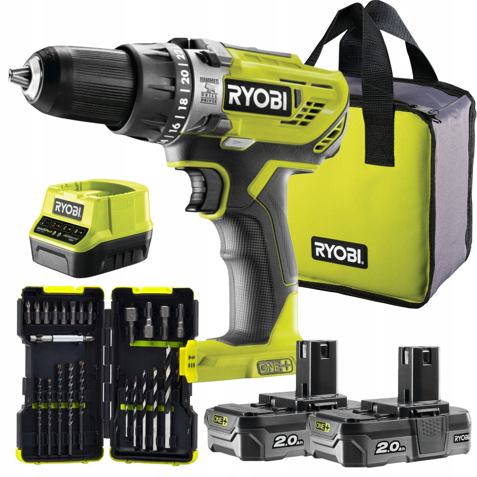 Ryobi Wiertarko-wkrętarka udarowa 18V (2x2.0AH) Ryobi Zestaw bitów 30 szt