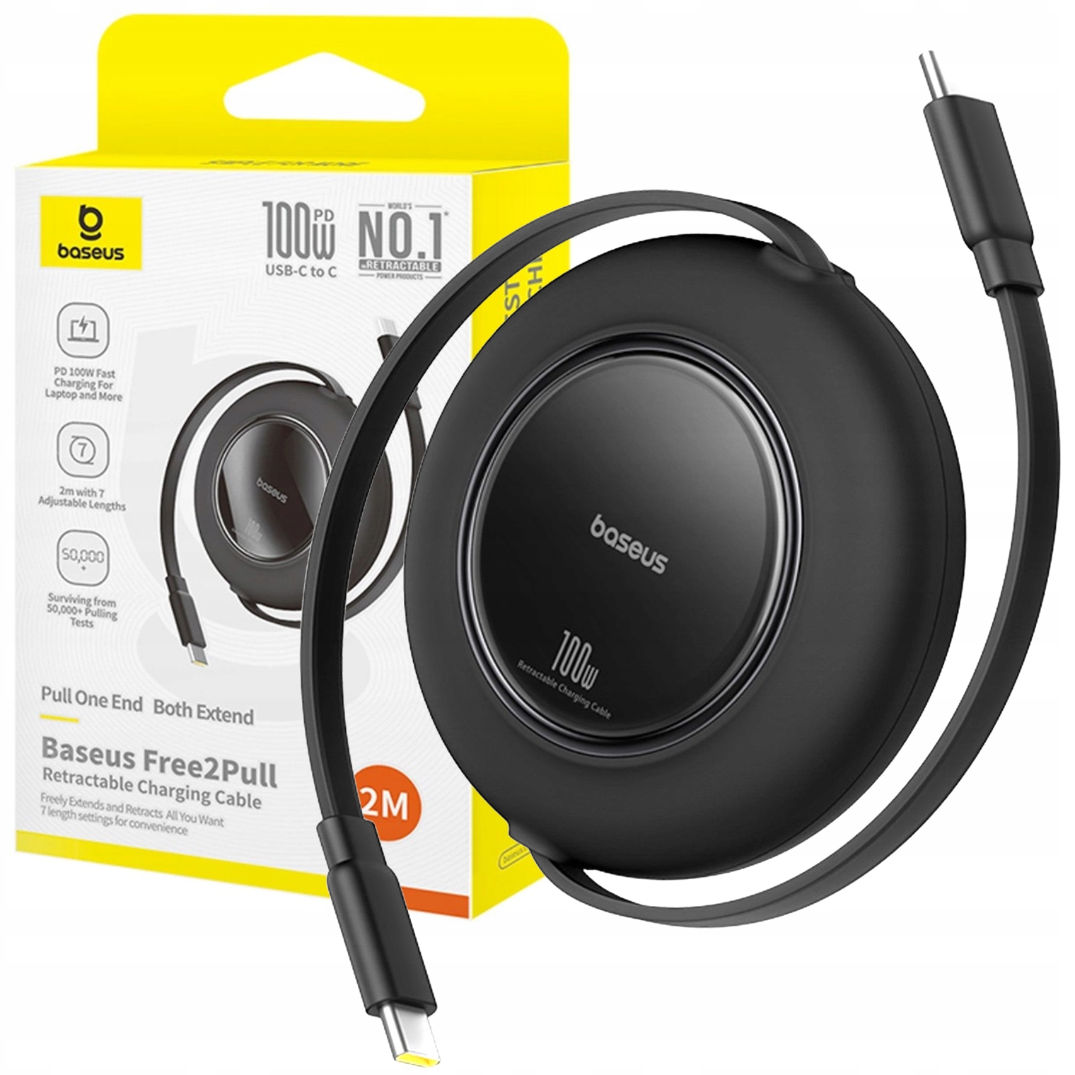 Kabel Baseus Free2Pull Mini 100W zwijany Usb- C Usb- C 2m czarny Baseus