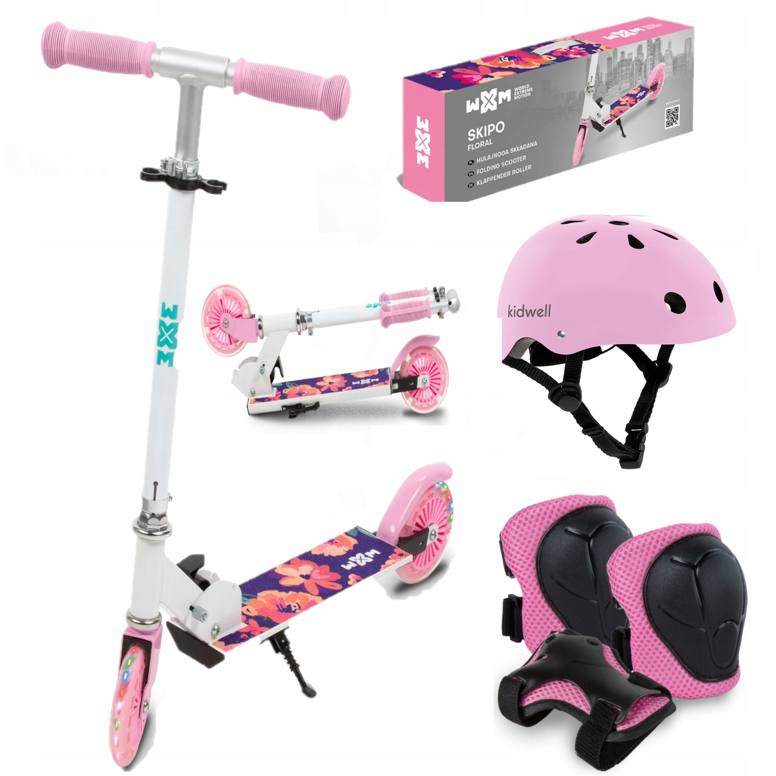 Hulajnoga Skipo Kwiaty Kask i Ochraniacze M Różowy Dla Dziewczynki