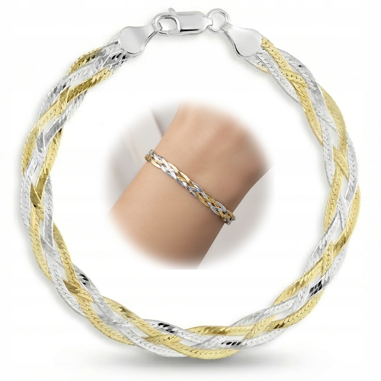 Stříbrný náramek 925 dvoubarevný, pletený, pozlacená elegantní cop