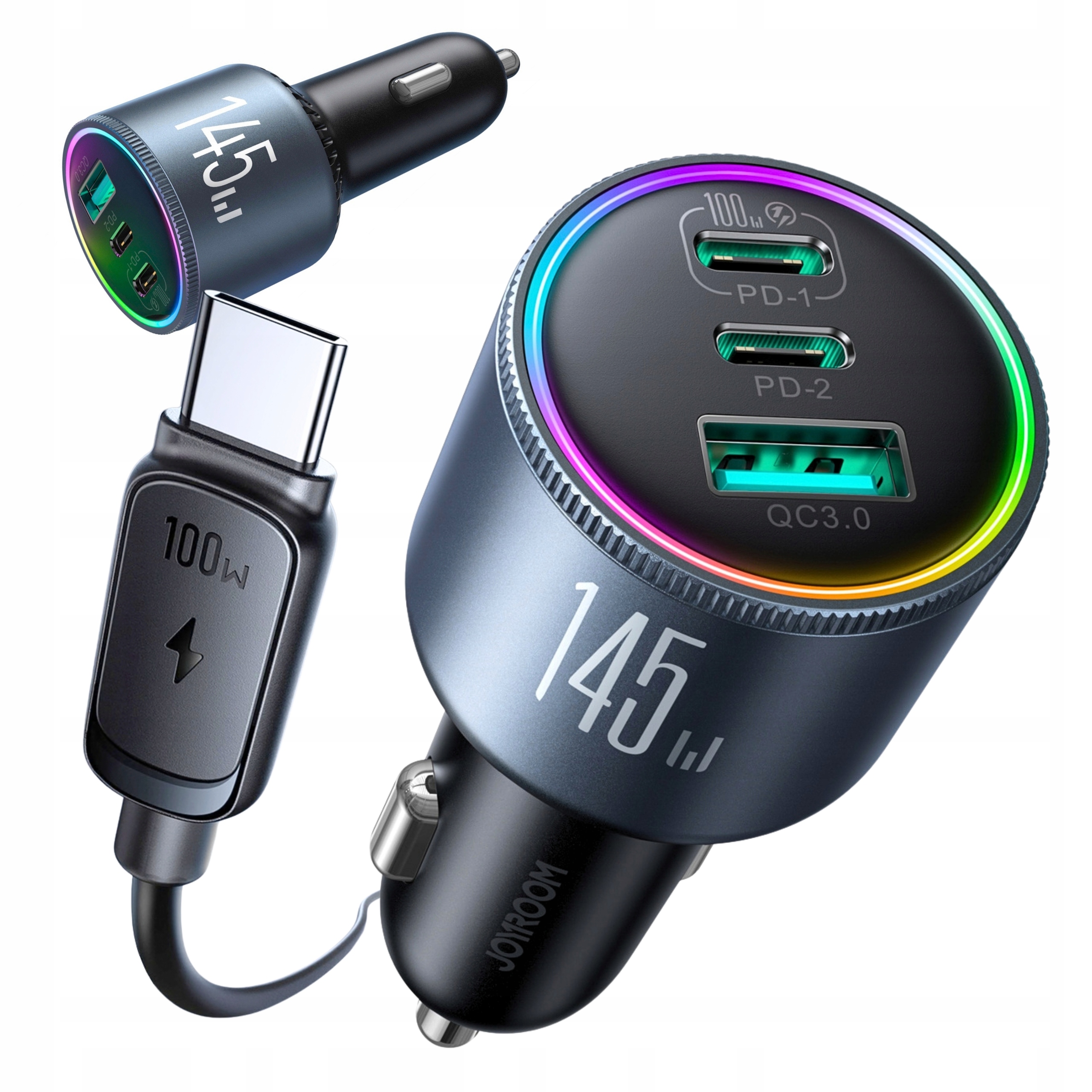Automobilová Usb C 145W Pd Qc 4.0 2xUSB-C Usb-a Kabel Usb-c 100W