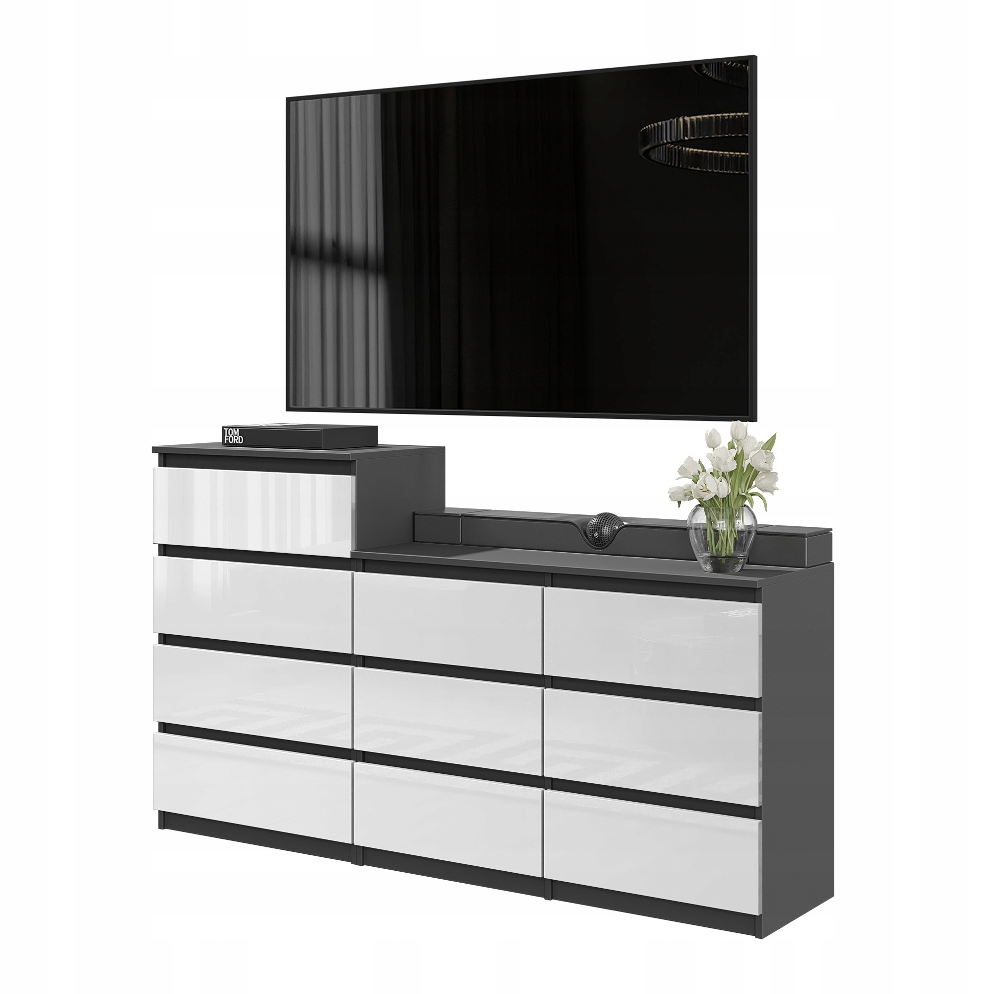 Komoda 160 CM Antracyt Biały Połysk 10 Szuflad, Zestaw Dwóch Komód, Salon