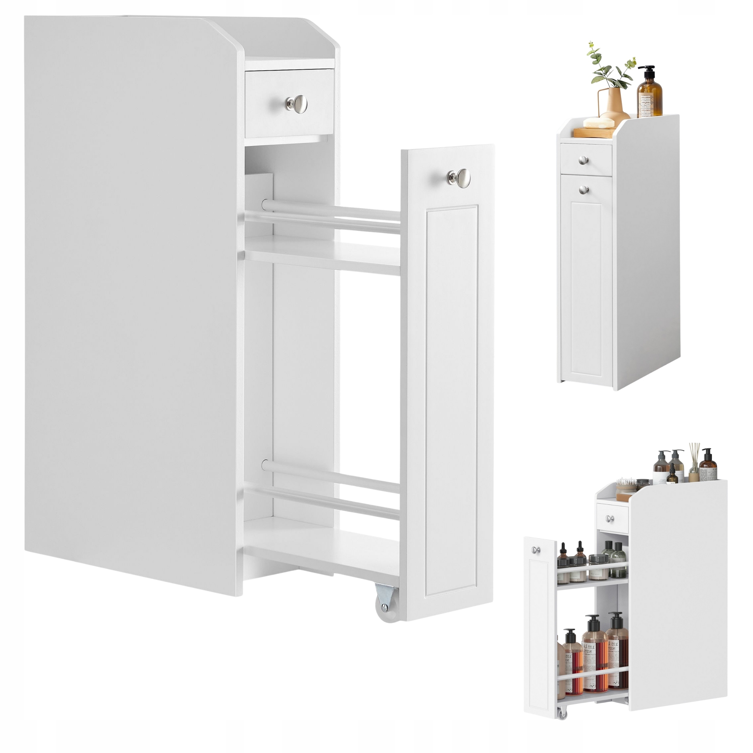 Koupelnová skříňka s toaletním sloupkem se 2 zásuvkami, úzká, 18 cm, bílá