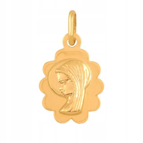 Moderní zlatý medailonek 585 s obrázkem Panny Marie, plný na zadní straně.