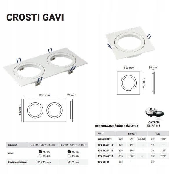 Oprawa wpuszczana oczko sufitowe CROSTI GAVI biały szer. 15cm Marka Oxyled