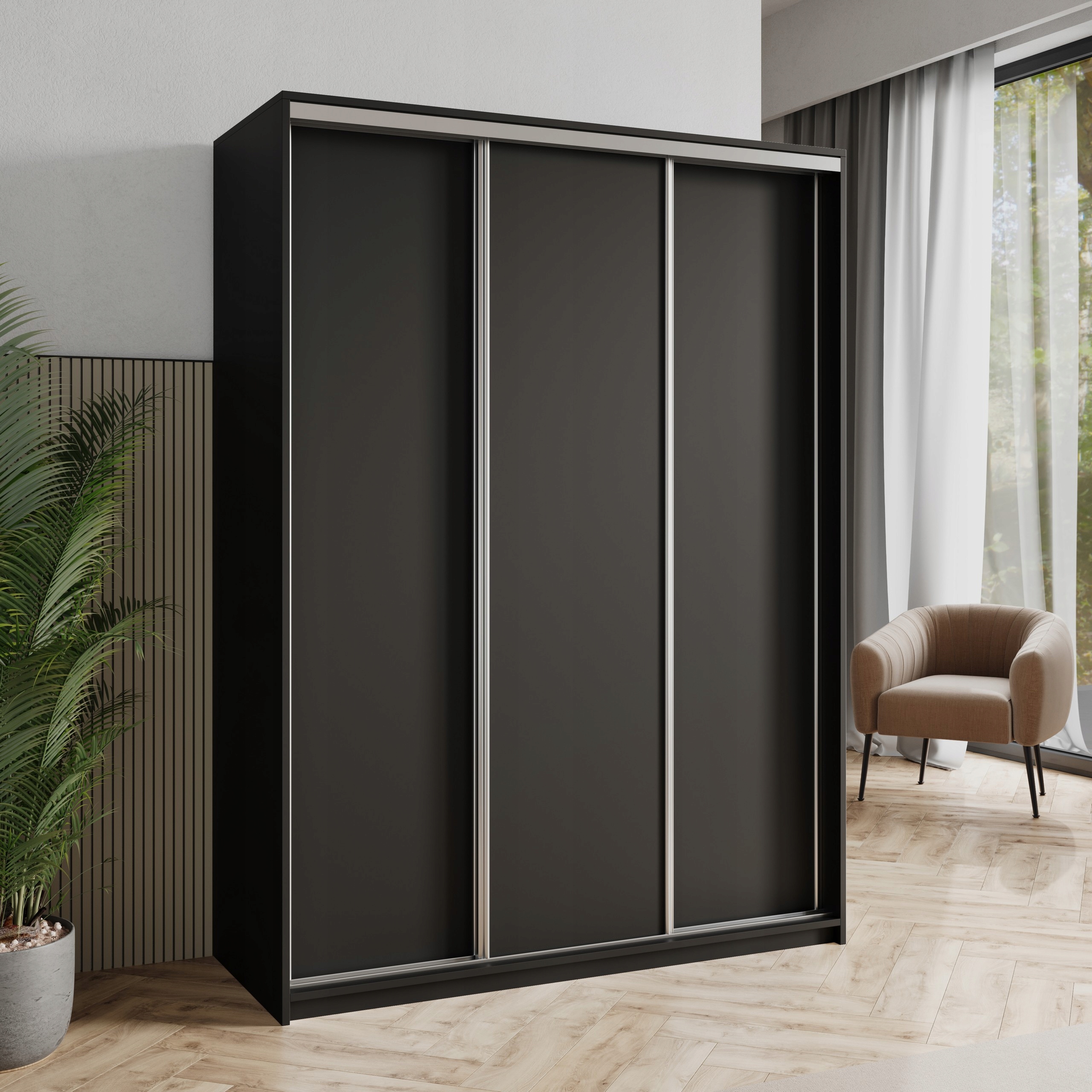 Skříň Třídveřová Nisse 150 cm Zásuvky Černá Satén